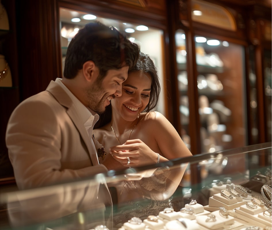pareja viendo anillos de oro para boda
