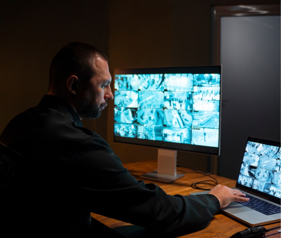 Hombre monitorizando cámaras de seguridad en una empresa, observando múltiples pantallas