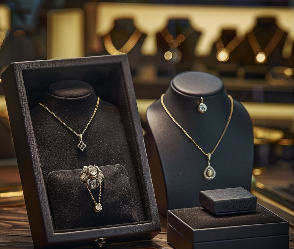 mostrador de joya de lujo, con joyería dorada